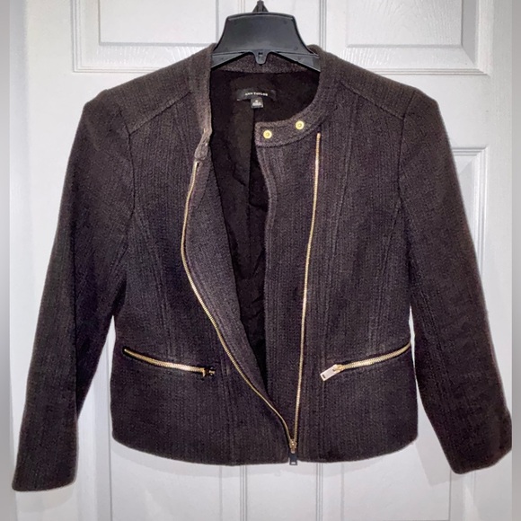 Ann Taylor Black Off Center Front gold Zipper Closure Blazer Suit Jacket  SZ 8​ - Picture 4 of 8
